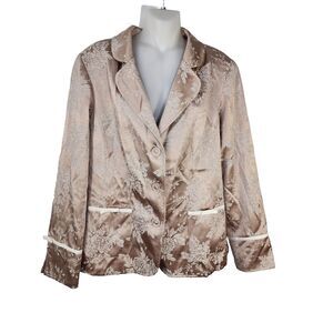 Susan Graver Jacket Large Floral Jacquard Ribbon Trim Button Tan Gold A44774